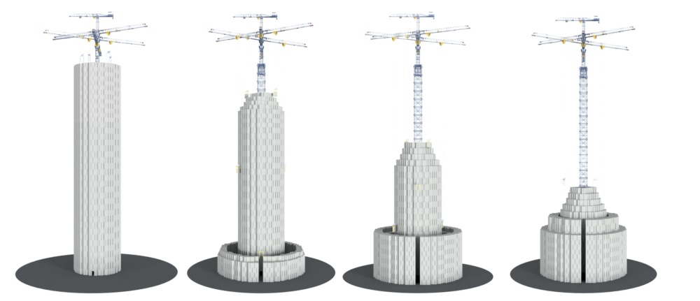 Energy Vault公司的储能塔，图片来自https://www.archpaper.com/2018/11/energy-vault-gravity-powered-battery-35-ton-concrete-blocks/ 